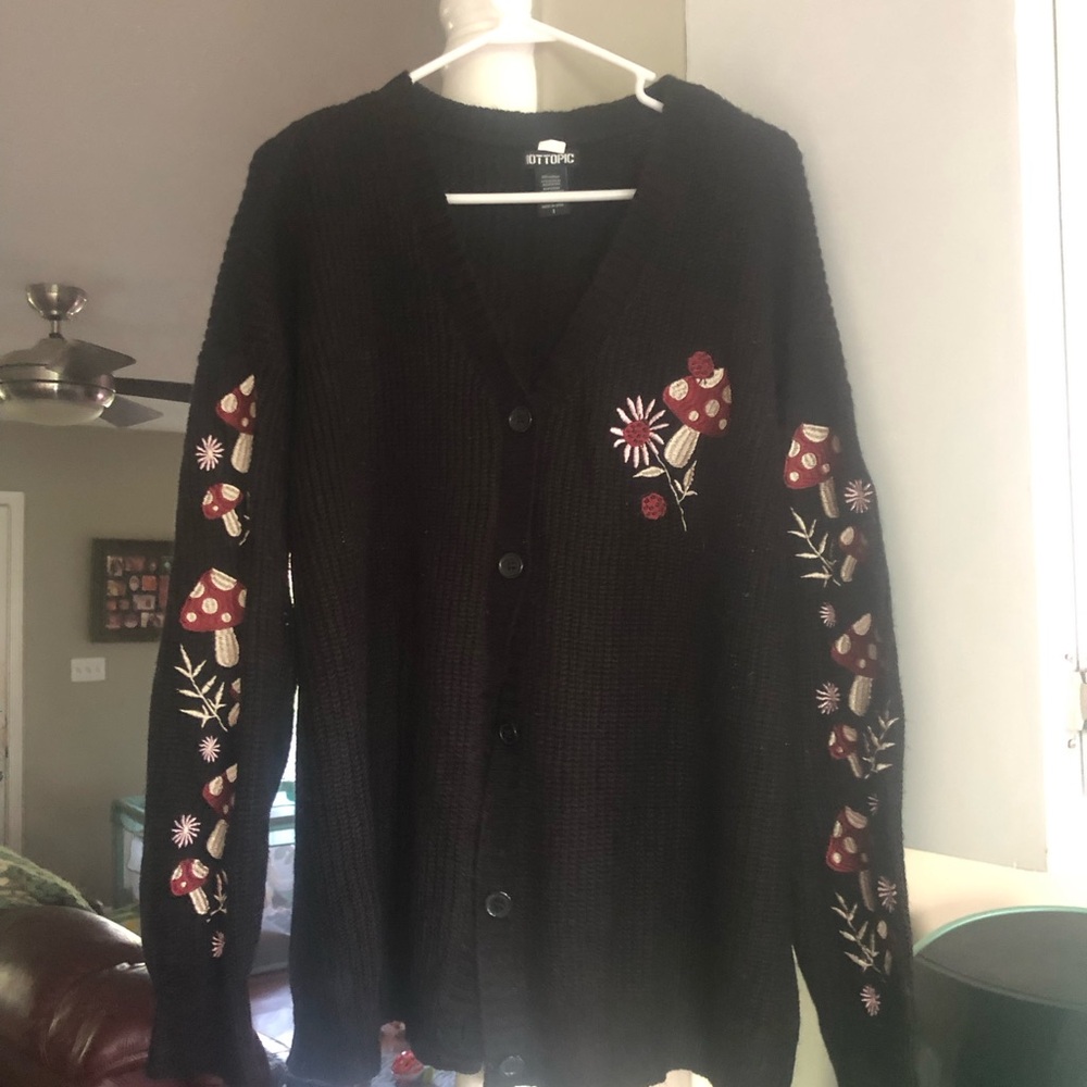 Black Embroidered Cardigan Sweater with Floral & Mushroom Details